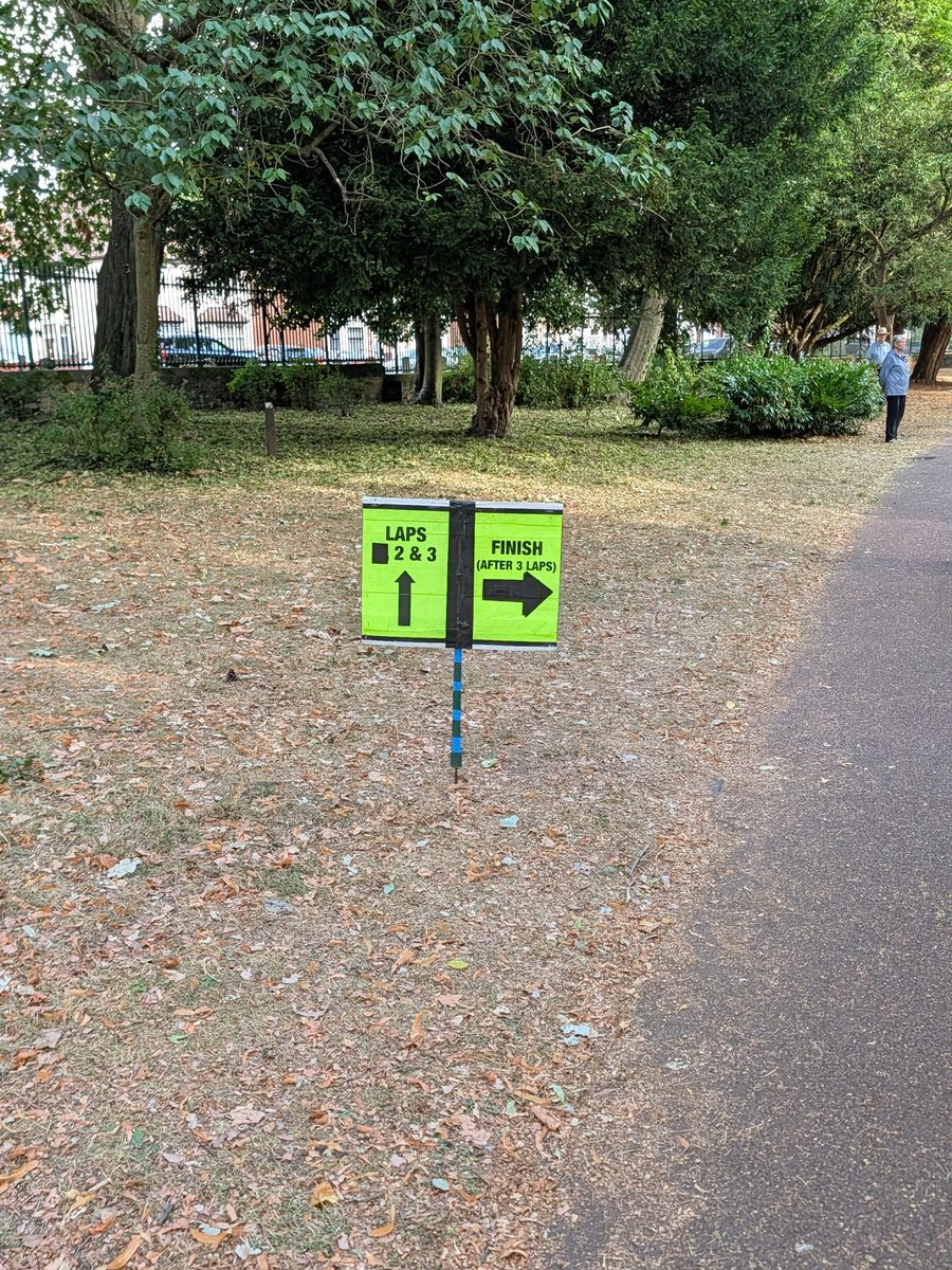 Lap and finish signage at Wolverhampton parkrun, West Park, marking laps two and three and the finish after three laps