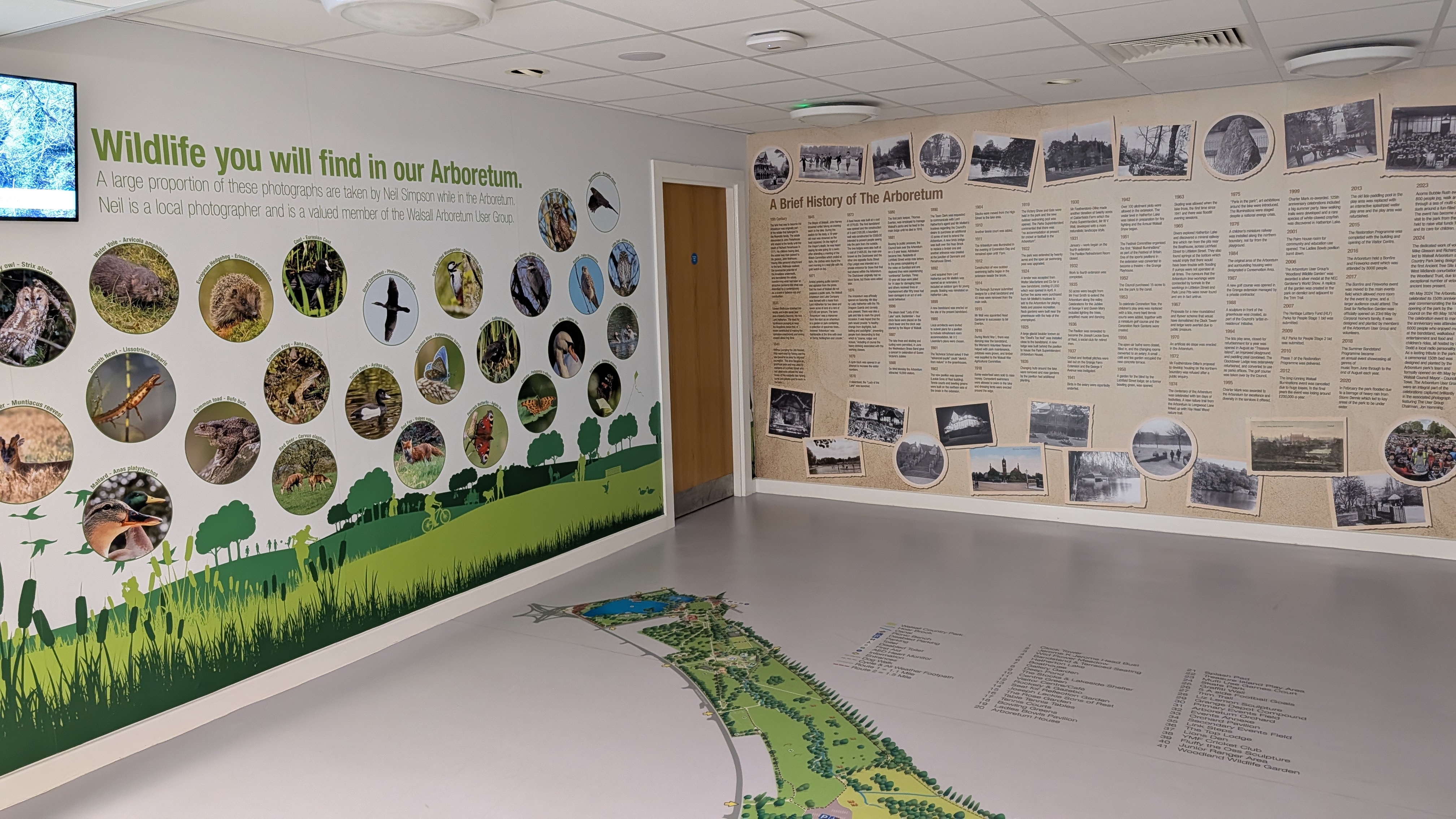 Walsall Arboretum visitor centre interior showing wildlife displays and park map